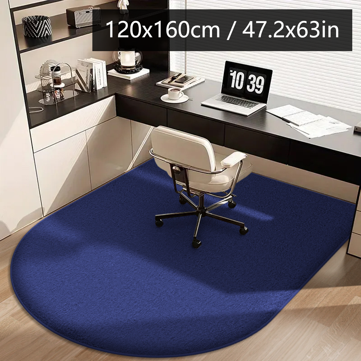 Solid color computer chair mat flannel floor mat thickened desk swivel chair arched carpet study soft dressing table foot mat: Navy Blue