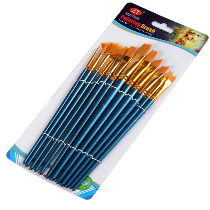 12PCS/lot Artistic Paint Brushes Set Watercolor Acrylic Oil Brush Nylon Long Drawing Pen School Student Stationery Art Supplies: 12PCS Blue