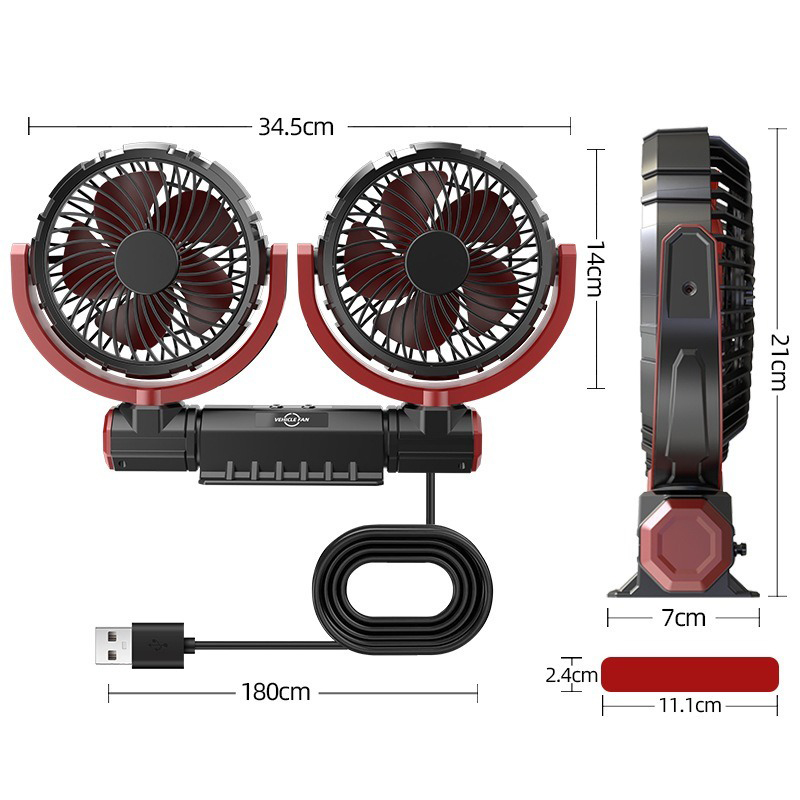 Ventilateur de voiture à 3 vitesses, réglable à 360 °, simple ou double tête, ventilateur d'air, automobile, électrique, USB, silencieux, bureau à domicile, bureau et voiture: Black