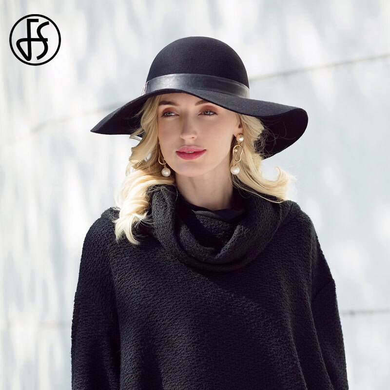 FS Winter Black Hat For Women Big Wool Fedora Hats With Leopard Belt Cloche Felt Wide Brim Bowler Hats Ladies Derby Fedoras