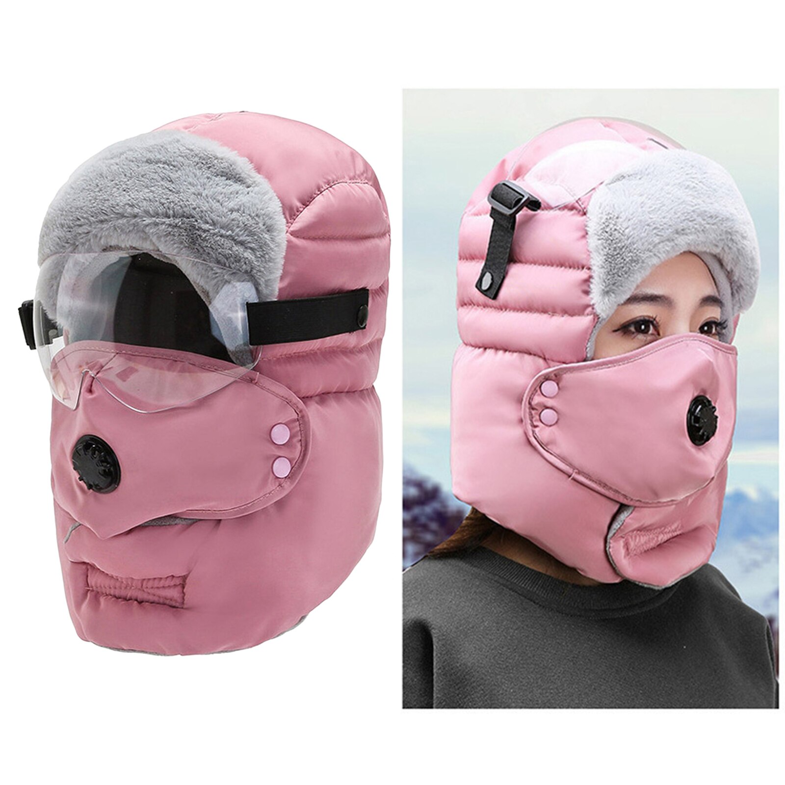 Unisex Balaclava Winter Warm Hat Trapper Cap Face Eye Protection Windproof: Pink Clear Glasses
