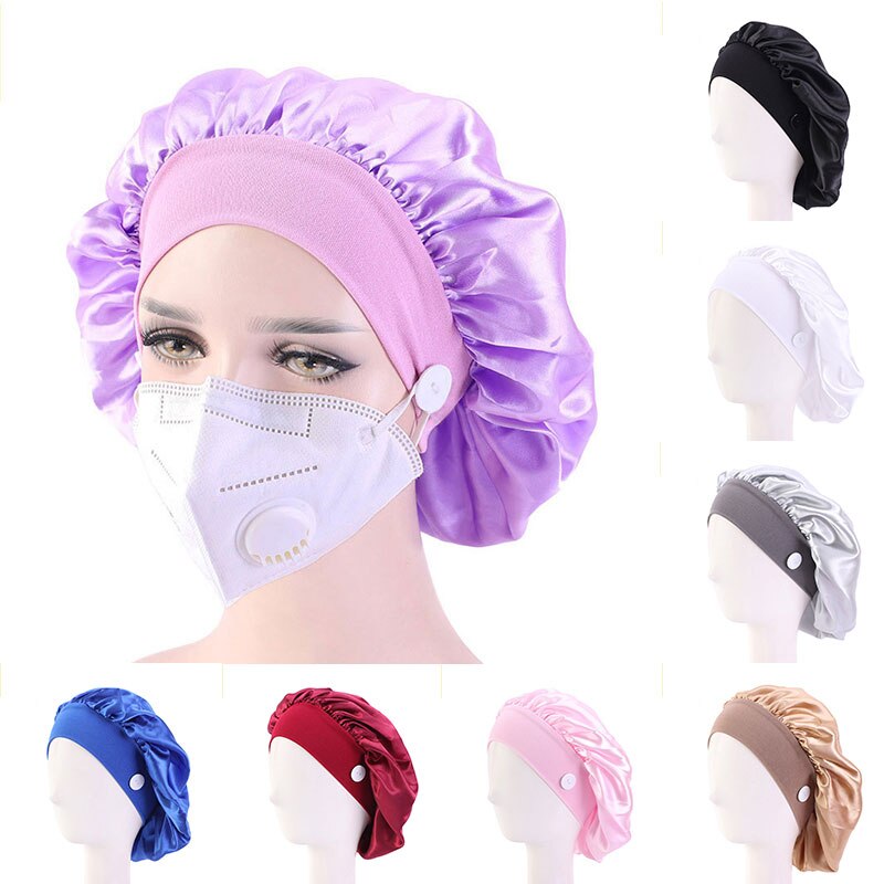 Satin Silk Nightcap Sleep Button Elastic More style Cap Nurse Hat Women Solid Long Hair Cap Hat Head Cover Bonnet Hat