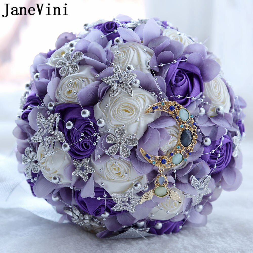 Janevini bling bling rhinestone lyserøde blomster luksus stjerner brude smykker kunstig hortensia krystal måne bryllup buket