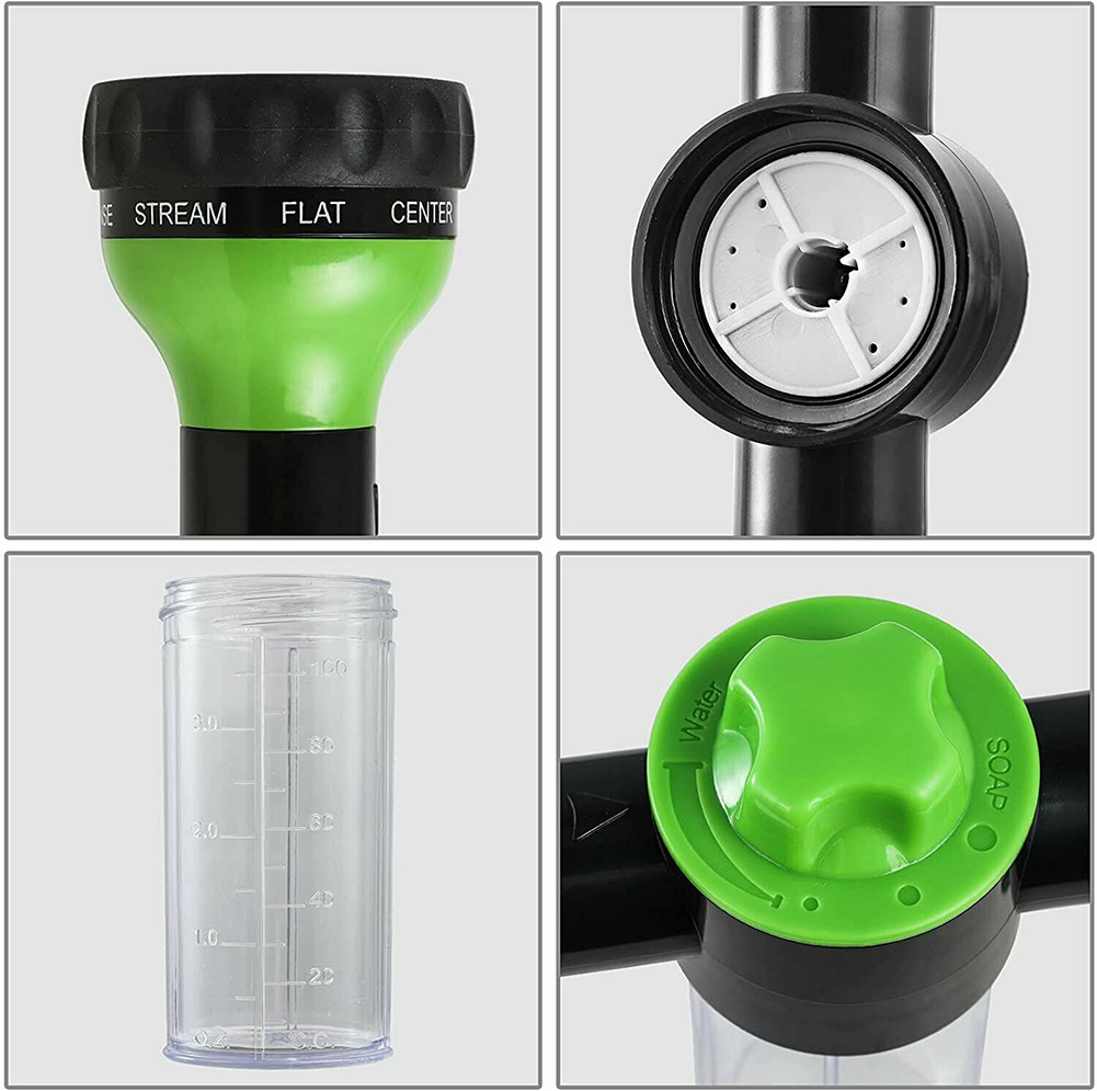 OWIKAR Tuinslang mondstuk multifunctionele spuitmond sproeier pistool met zeepdispenser hogedrukschuim waterspray voor auto wassen, planten en gazon en terras water geven, huisdier wassen, tuinieren (geel