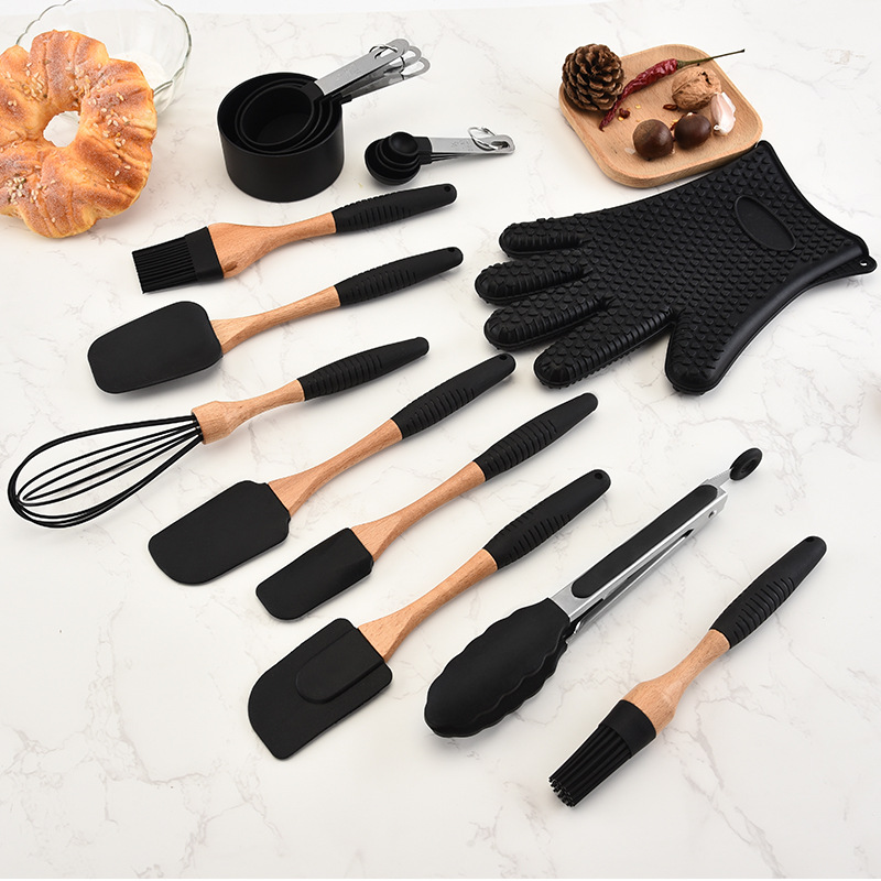 Silicone Cooking Tools Set Wood Turner Soup Spoon Spatula Brush Scraper Pasta Server Gloves Egg Beater Kitchen Utensils Kit Set