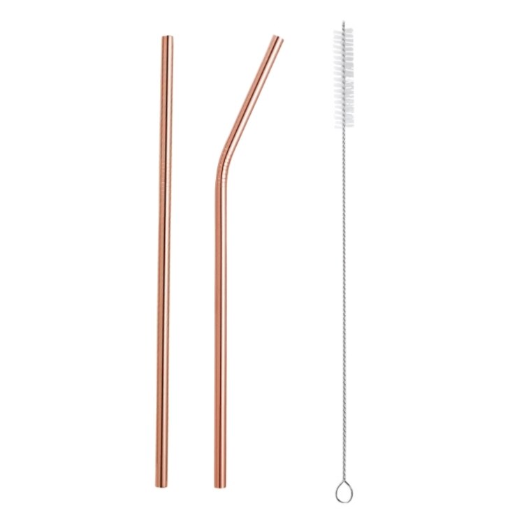 Acero inoxidable 304 pajilla de Metal pajilla reutilizable + 1 cepillo respetuoso del medio ambiente de paja recta curva cepillo de limpieza de la barra del Partido de accessories20Oz: Rose gold  3PC