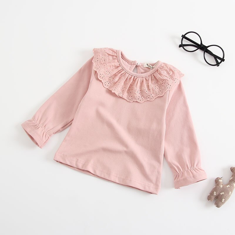 Baby Girl T-shirt Peuter Kids Herfst Casual Tops O Neck Hollow Out Ruches Lange Mouwen Prinses Blouse Katoenen T-shirt kleding: Roze / 6m