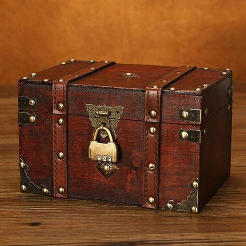 Retro Treasure Chest Wooden Jewelry Trinket Storage Box Case Holder With Lock