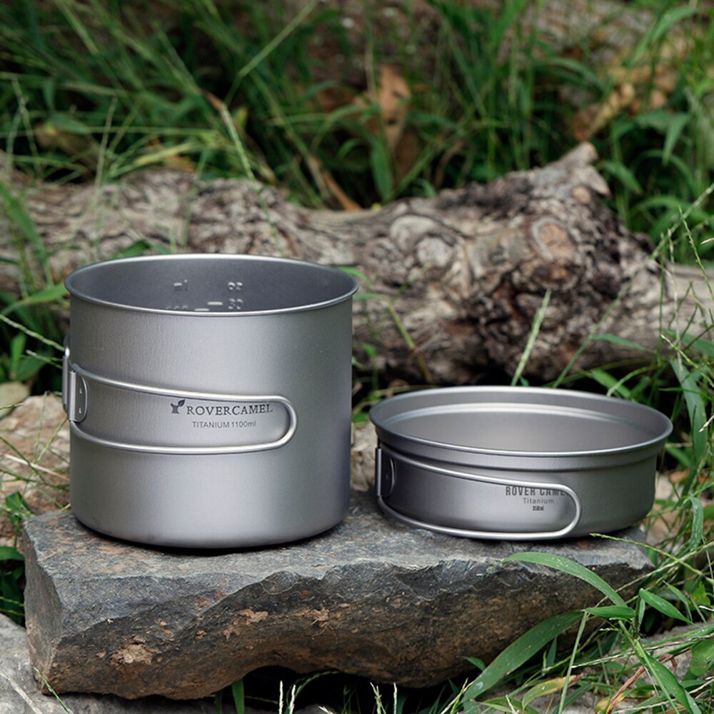 Titanium cookset camping frityrgryta utomhuspott camping köksredskap 1100ml grytor och 350ml stekpannor med fällbara handtag