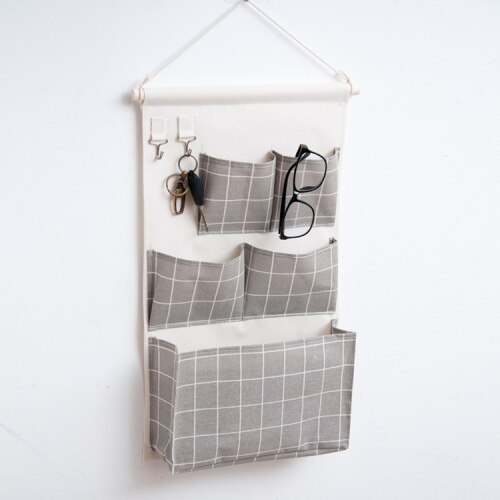Canvas Storage Hanging Bag Wall Hanging Door Dormitory Hanging Bag 5 Pocket Space Sundries Hanging Organizer: Grey Pladi