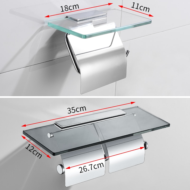 Toilet Paper Holder with Glass Shelf Stainless Steel Paper Towel Holders for Kitchen Wall Mounted Bathroom Toilet Roll Holder