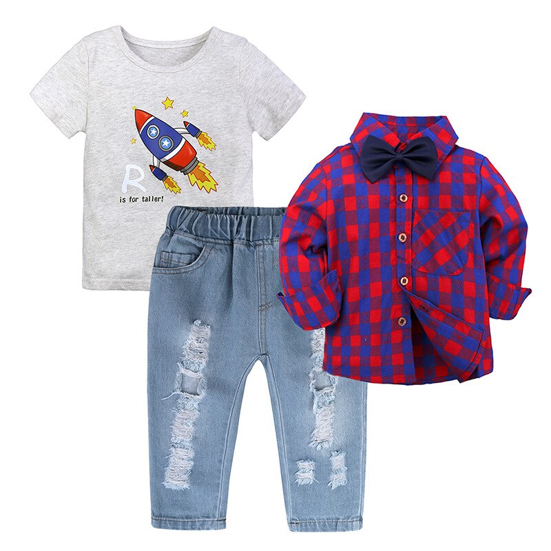 otoño conjunto de ropa para niños 3 piezas trajes abrigo + Camiseta a cuadros + Jeans niños pequeños conjuntos de ropa informal para niños 2-8 años: 3-3PCS SET / 5 años