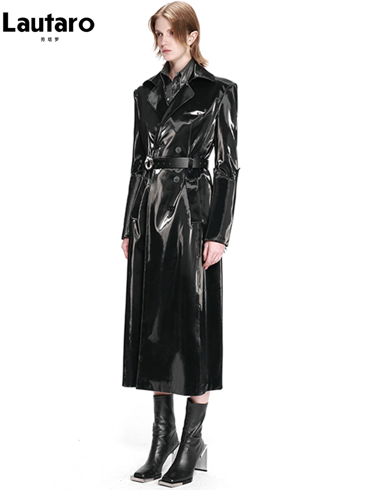 Lautaro autunno lungo nero impermeabile riflettente Trench in pelle verniciata per cintura donna doppio petto moda europea 2022