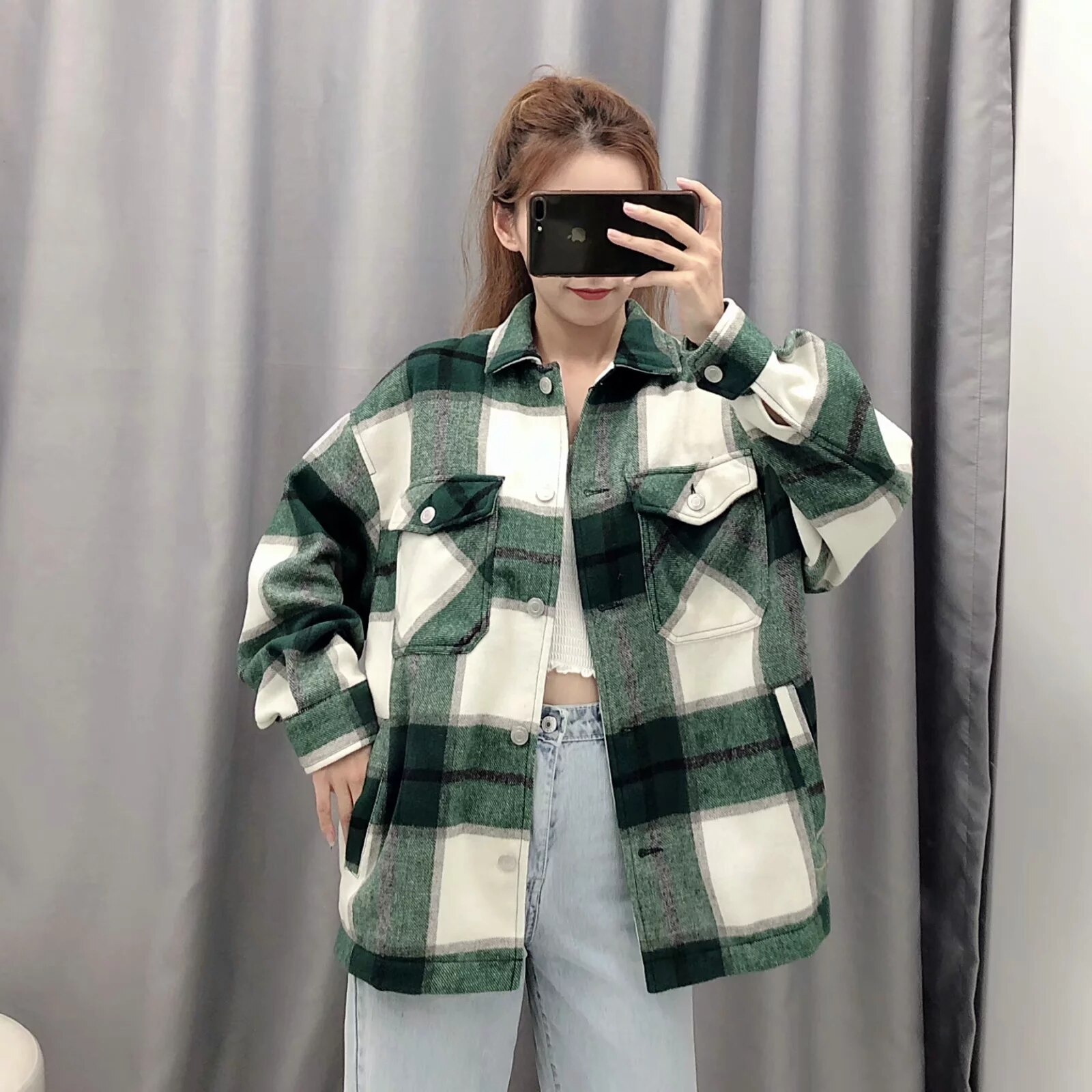 green red Plaid jacket for women winter coat Long Sleeve office coats and jackets women Oversized bomber jacket