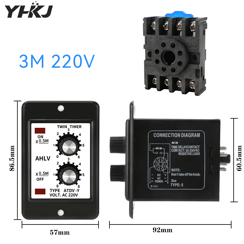Adjustable Dual Time Relay Repeat Cycle Timer ATDV-Y ON OFF 3S/6S/12S/30S/60S/3M/6M/12M/30M/60M 220V Twin Timer With Socket Base: XS
