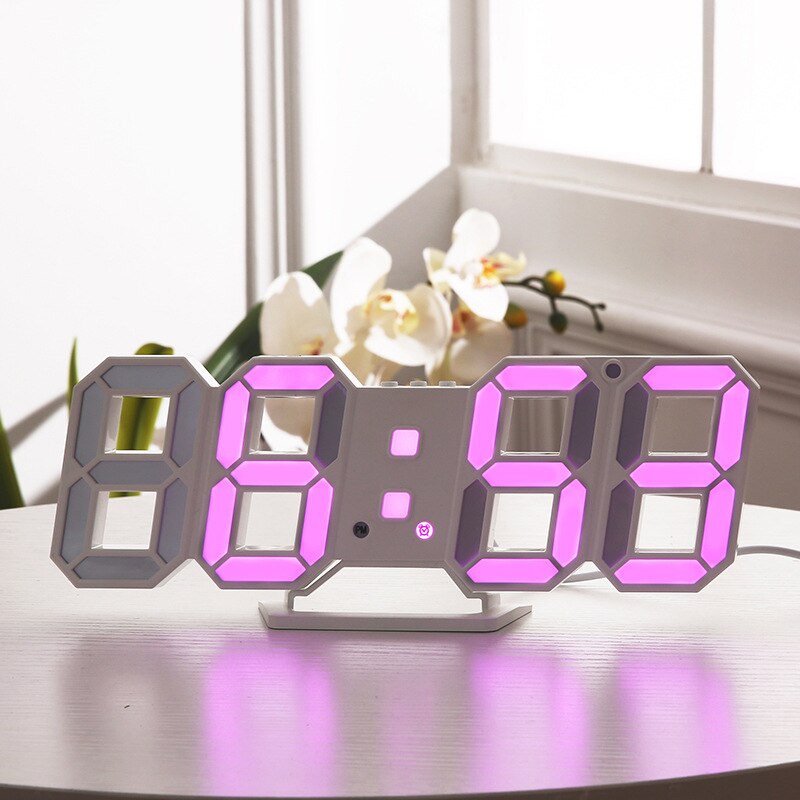 Led digital veggklokke alarm dato temperatur automatisk bakgrunnsbelysning bord skrivebord hjemmeinnredning stativ henge klokker: Hvit og rosa
