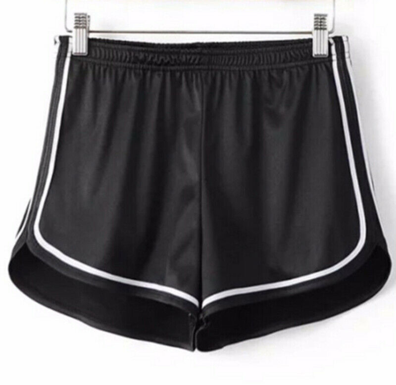 Dam sommar casual strand smal dam randig satin siden shorts med hög midja svart silver vinröd: Svart / S