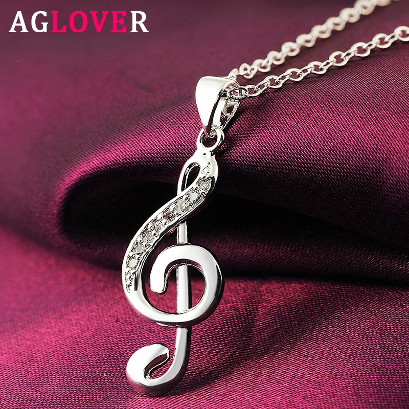 AGLOVER AAA Zircon 18 Inches 925 Sterling Silver Music Note Pendant Necklace For Women Charm Jewelry Party Birthday