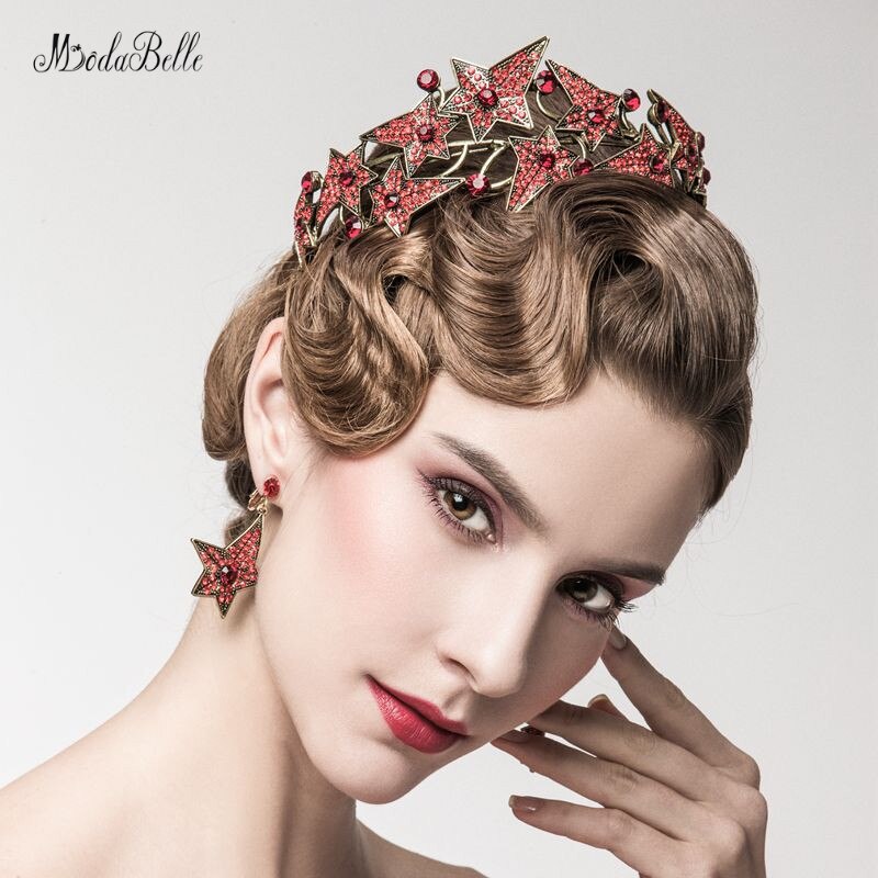 Modabelle nueva corona verde barroca Novia tocado rojo cristal grande reina corona Tocados Para Novia accesorios Para el cabello: Rojo