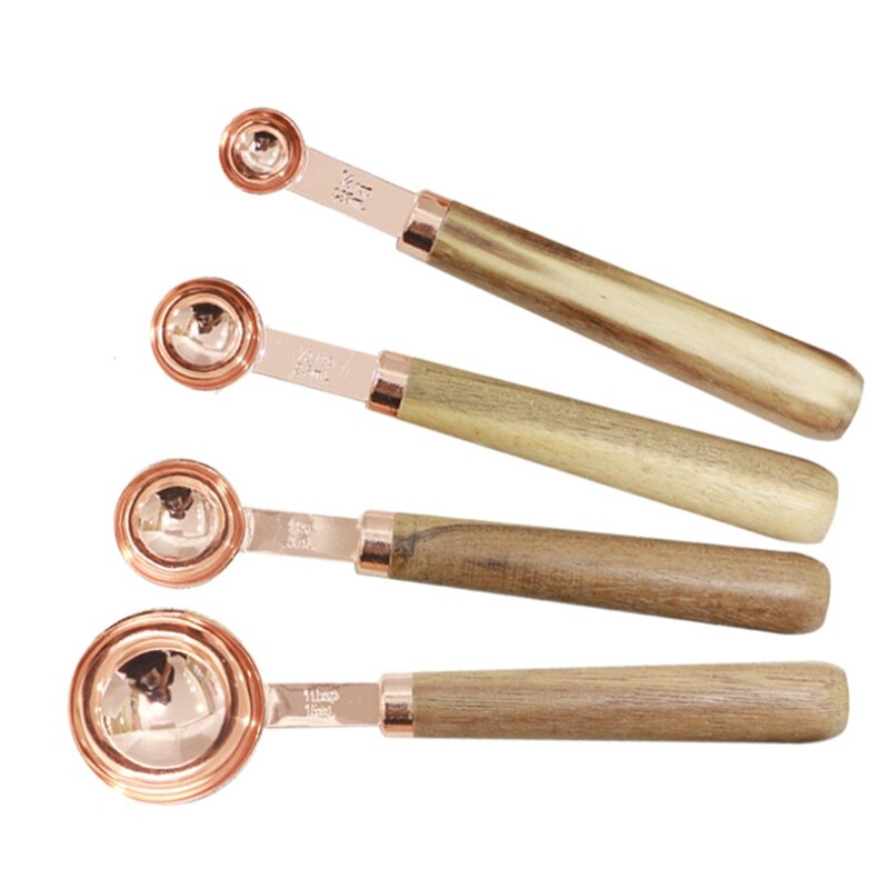 Juego de tazas cucharas para medida, mango de madera, cuchara medidora de Metal de acero inoxidable, accesorios de cocina, 4 Uds.: A