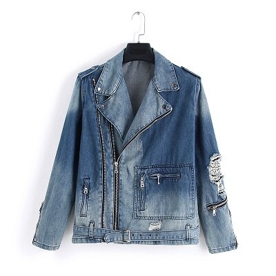 Mode Hi Straat Mens Ripped Denim Jassen Met Multi Ritsen Streetwear Verontruste Motorfiets Biker Jeans Jas: Blauw / XXXL