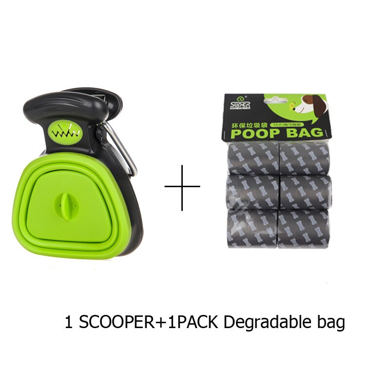 Dog Pet Shovel Travel Foldable Poop Collector with 1 Roll Decomposable Bags Poop Scoop Clean Pick Up Excreta Cleaner Pet Product: green with bags / L