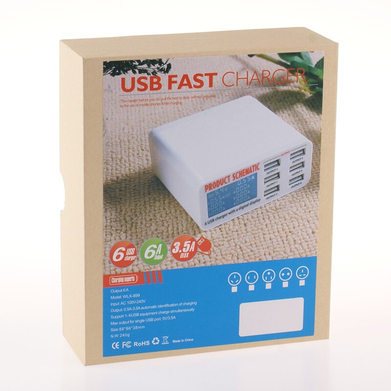EU/US/UK Plug 6 Ports USB Charger Travel Charger LCD Digital Display Smart Charging Station Multi-Port USB Charging