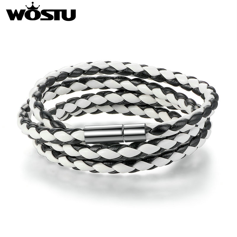 WOSTU 6 Color 60CM PU Leather Wrap Bracelet With Magnet Clasp Jewelry For Women Men Pulseira: white and black