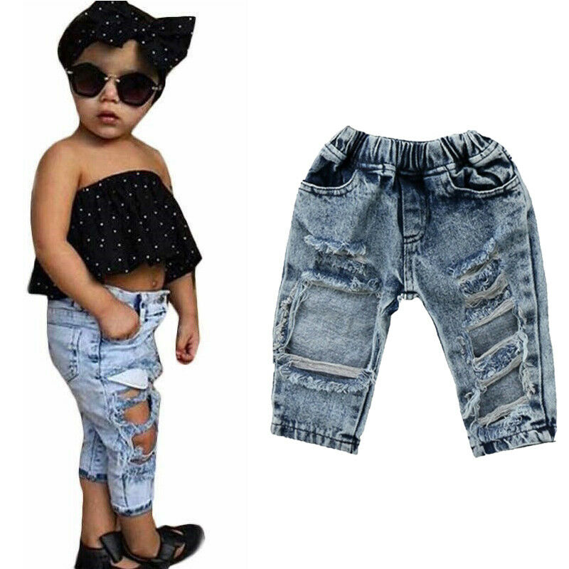 Pantalones de mezclilla para niña de invierno , Vaqueros elásticos, ropa rasgada con agujeros, pantalones cálidos de de 1-5T para niños y niñas