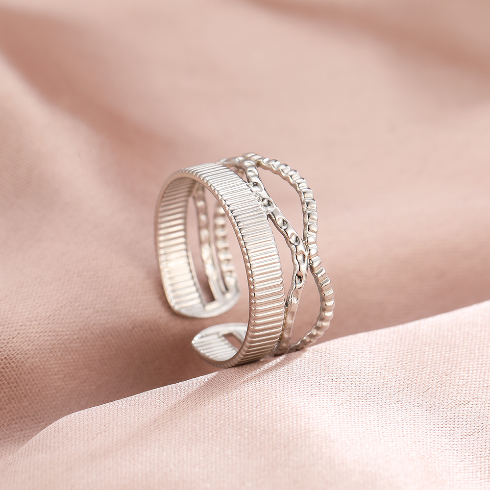 Anillos de acero inoxidable bohemio geométrico abierto ajustable anillo ancho Vintage anillo fino para mujer joyería de aniversario: Beige