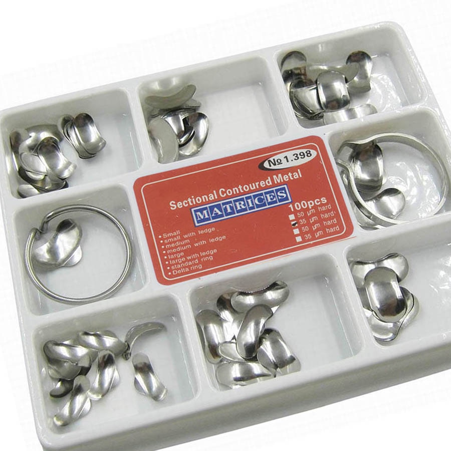 100 Stuks Dental Matrix Sectionele Voorgevormd Metalen Matrices No.1.398 + 2 Ringen