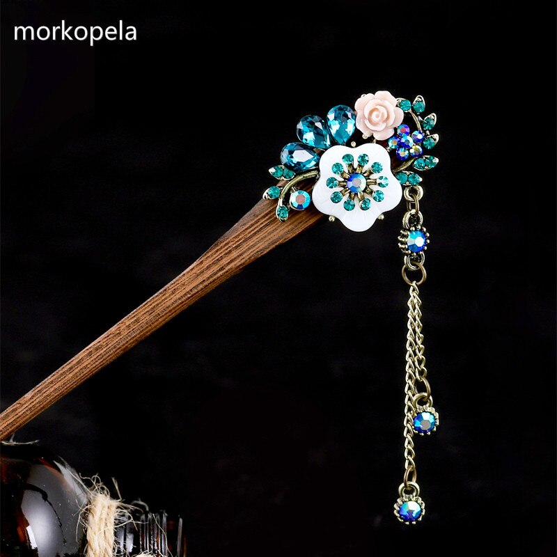 Morkopela, accesorios para el cabello de boda china, palillo de madera para el pelo, horquilla de diamantes de imitación con flor, joyería para el cabello Banqet