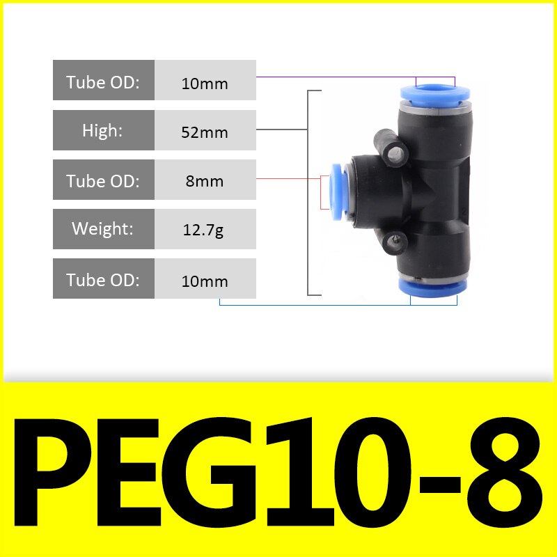 1PCS PE PEG Blue Pneumatic Fitting Pipe Connector Tube Air Quick Fittings Water Push In Hose Couping 4mm 6mm 8mm 10mm 12mm: 10-8-10