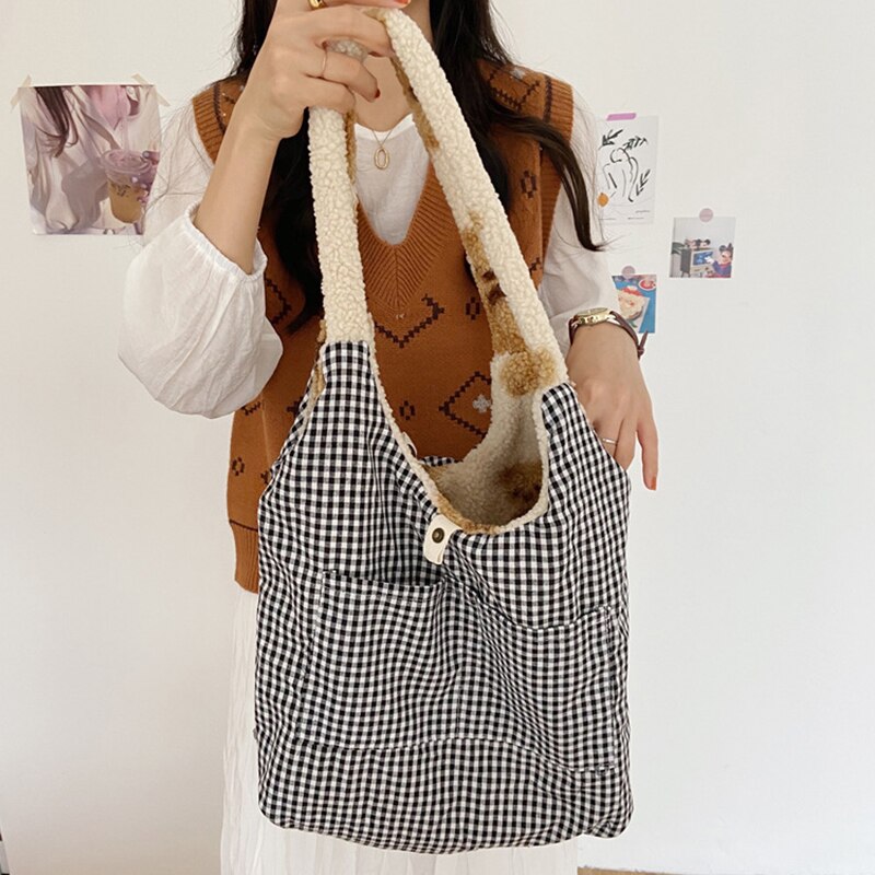 TrendyGal Ins Style Lait Double Face en Coton Sacs À Bandoulière avec Ours Imprimés Printemps Femmes Décontracté Fourre-Tout À Carreaux Style Sacs À Main