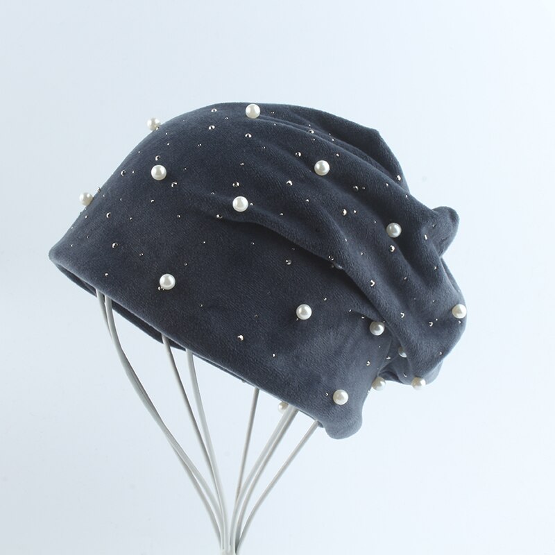 Gorros de terciopelo con diamantes de imitación y perlas para mujer, sombrero cálido y suave, de invierno, novedad de
