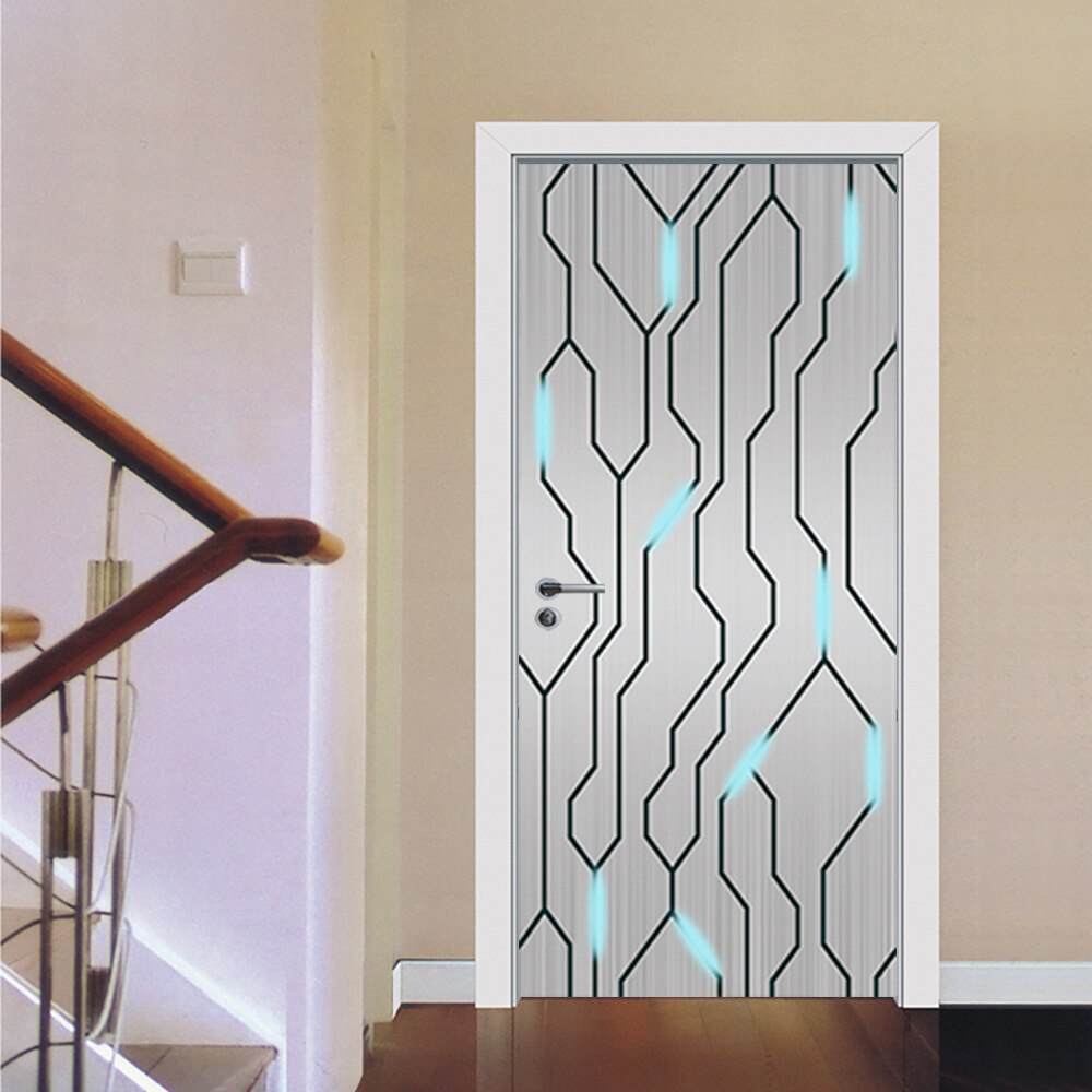 PVC Door Sticker Modern 3D Abstract High Tech Blue Wallpaper Self-Adhesive Living Room Art Door Poster Home Mural Sticker