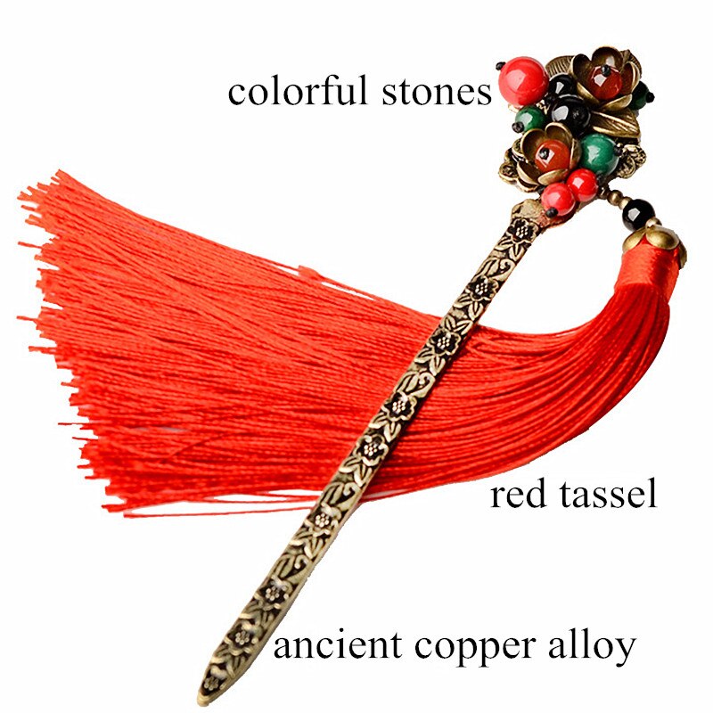 Yanting Super Long Tassel Hairpins For Women Ancient Copper Alloy Flower Hair Sticks Bridal Hair Jewelry Colorful Stones 035