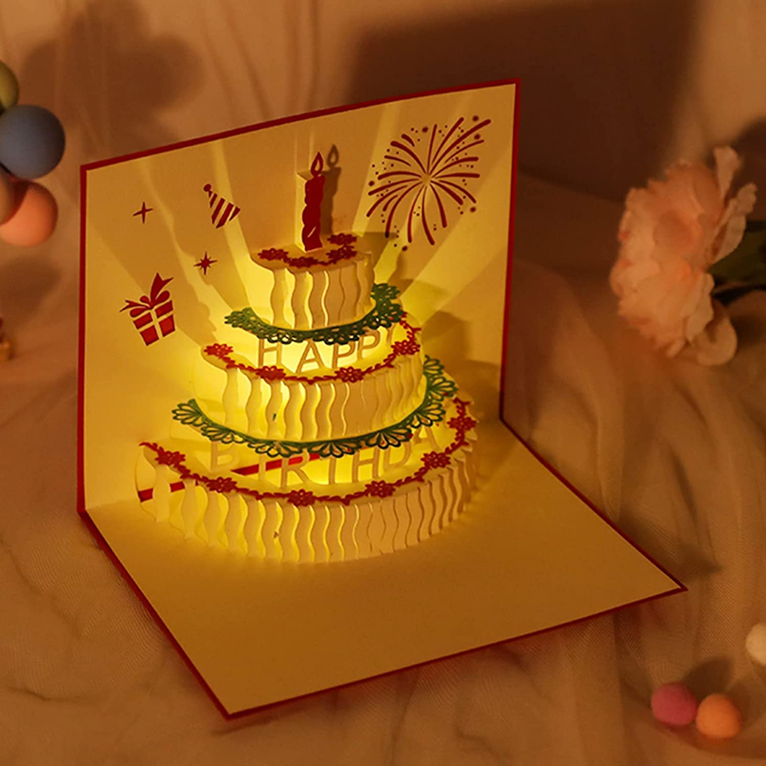 Cartes de joyeux anniversaire 3D avec musique, gâteau d&#39;anniversaire lumineux, cartes de vœux Pop-Up, avec enveloppe, pour fille