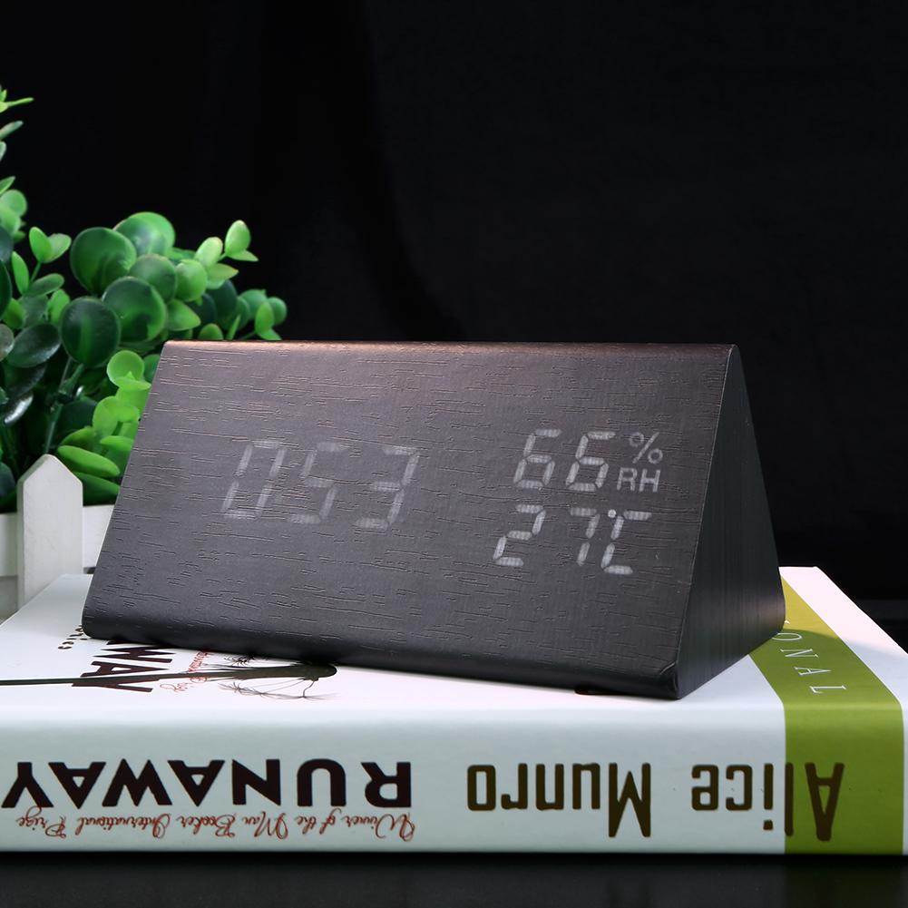 USB Wood LED Alarm Clocks Electronic Table Clock Sound Control Digital Clock Thermometer Timer Calendar Display for Home Decor