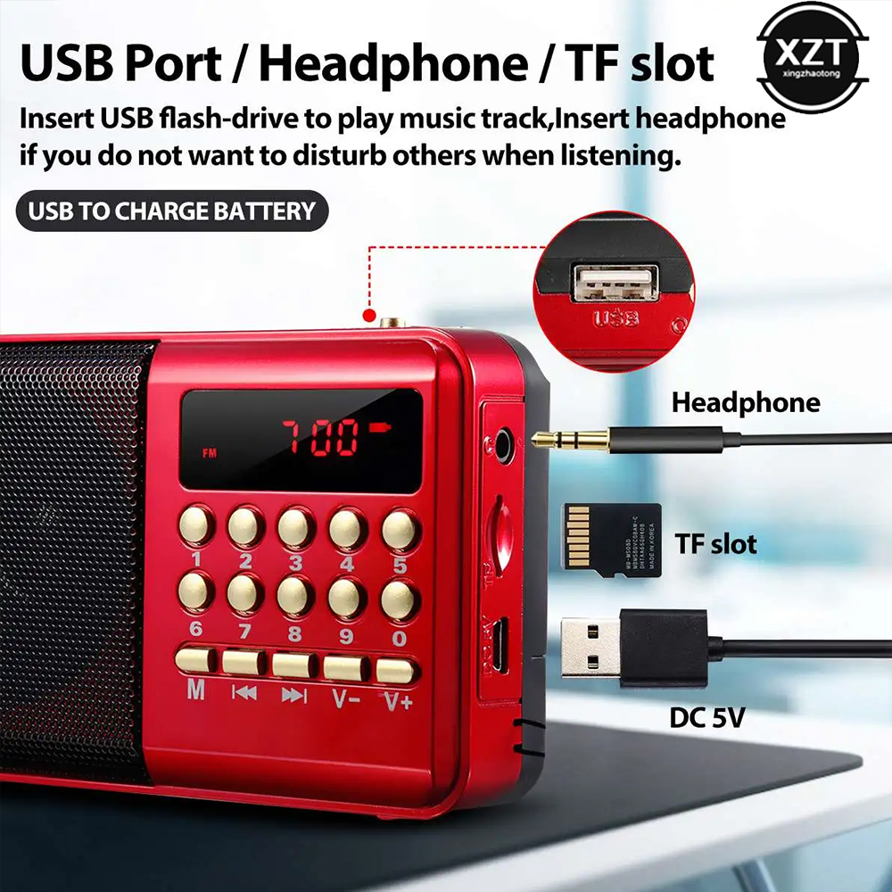 Mini Portable Radio Handheld Rechargeable Digital FM USB TF MP3 Player Music Speaker Devices Supplies