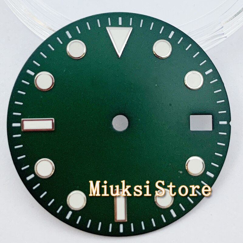 29Mm NH35 Wijzerplaat Steriele Zwart Groen Blauw Roze Horloge Wijzerplaat Met Datum Venster Voor NH35 NH35A Automatische Beweging accessoire Onderdelen: Green-Silver edge-N