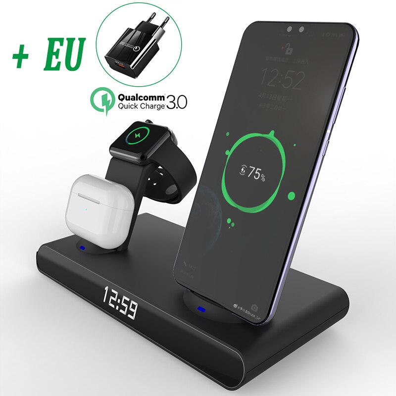 Chargeur sans fil 6 en 1 30W, pour iPhone 13 12 Pro Max X Samsung, pour Apple Watch 6 SE, Airpods Pro 2 3: Black with EU Plug