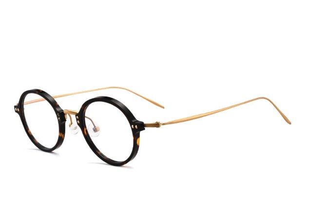 Montura de gafas de titanio redondas para hombre y mujer, lentes graduadas ópticas de japonés, gafas ultraligeras para Miopía: Tortoise-Golden