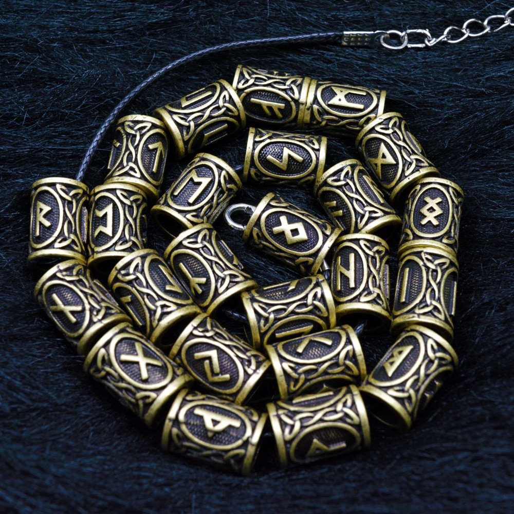 24pcs/Set Vintage Rune Viking Beard Beads TIWAZ TYR Sol Runes Tube Spacer Beads Charms for Hair/Necklace/Bracelet DIY Jewelry: Gold