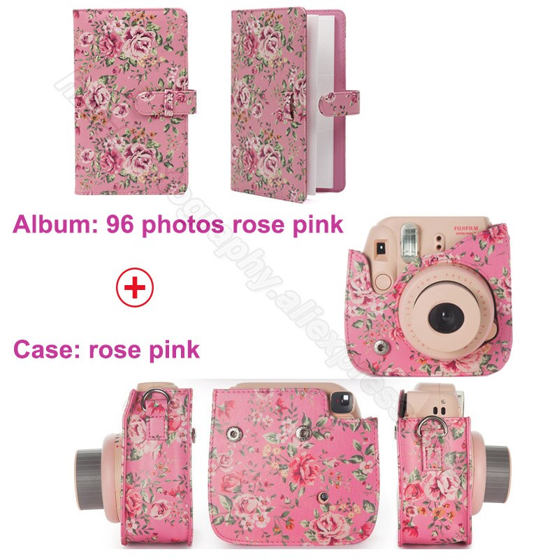 Samma album &amp; pu läderfodral i par för fujifilm instax mini 9 8 kamera, fujifilm instax minifilmer: Par-rosa rosa