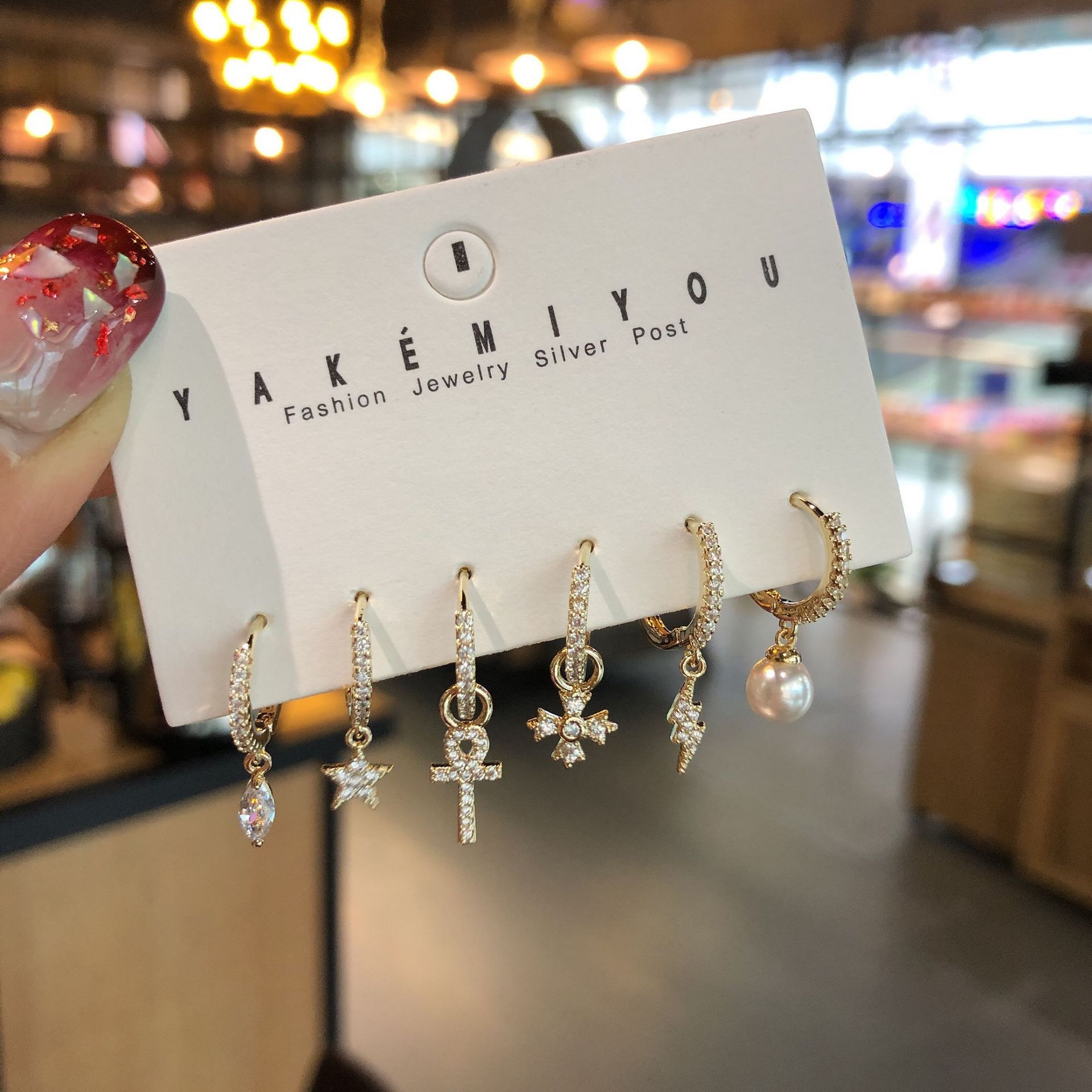 étoile croix foudre perle boucles d'oreilles ensemble de cristal petit cerceau boucles d'oreilles ensembles bijoux accesorio: Default Title