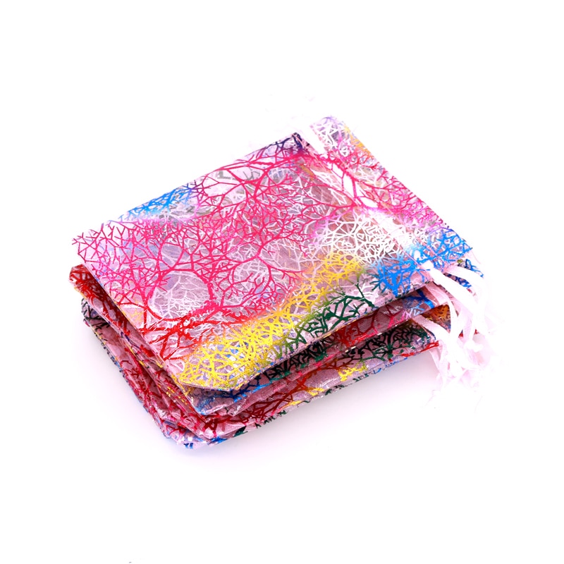 20 sztuk/partia koral wzór torby z organzy 7x9 9x12 13x18 cm Charms kosmetyki torby do pakowania biżuterii party sznurkiem prezent torba torebki