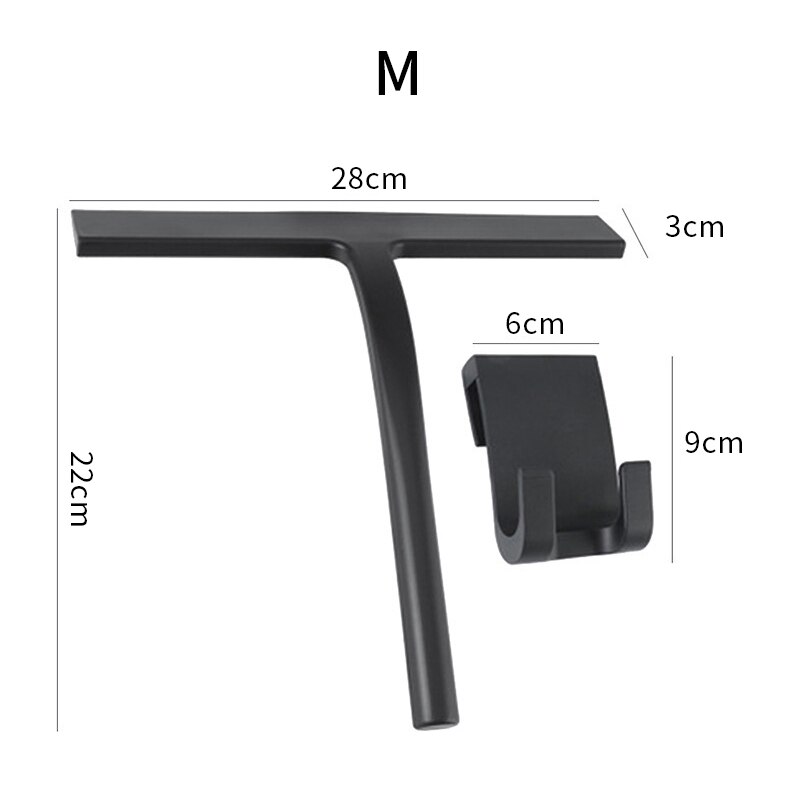 Shower Squeegee Window Glass Wiper Silicone Scraper Cleaner with Long Holdle Bathroom Mirror Wiper Scraper Glass Cleaning Tool: A-Black with hook-M