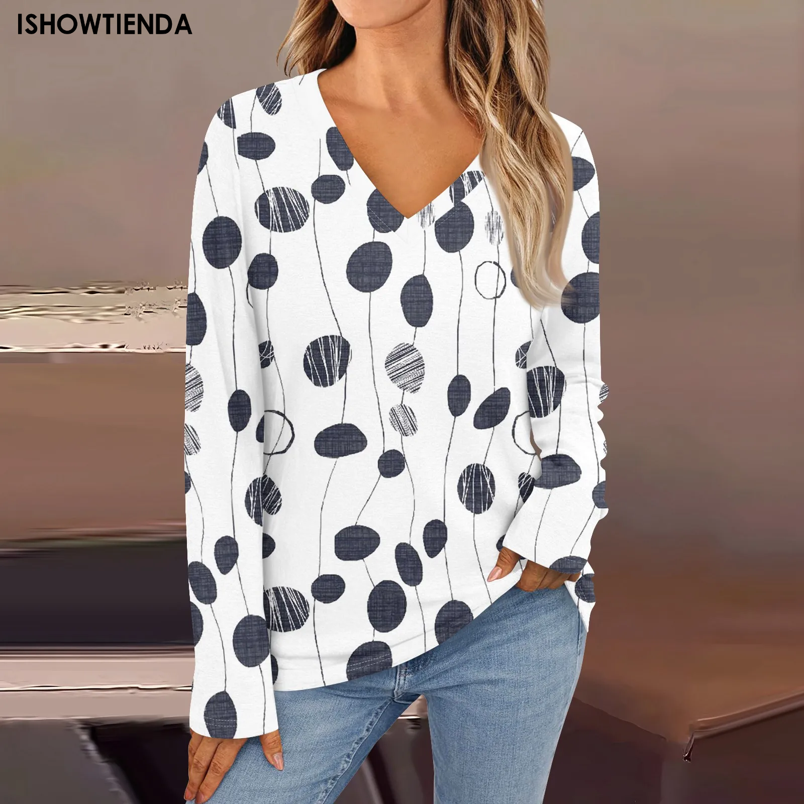 Women Floral Printed T-shirts Casual V Neck Full Long Sleeve Shirts Tops Ladies Basic Kniited Tee Shirts Ladies Top