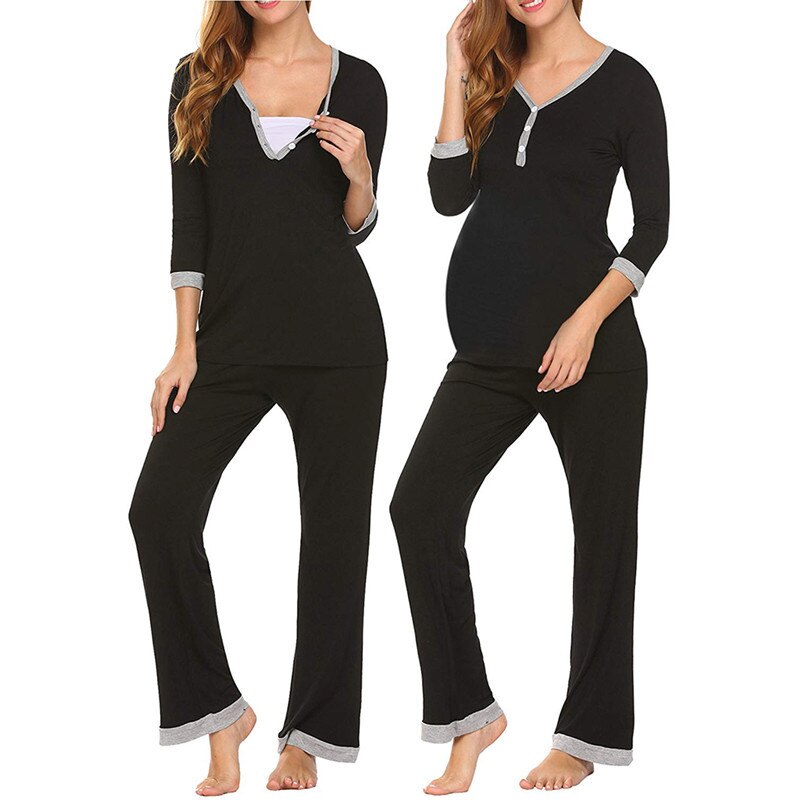 pflege Pyjamas Set Frauen Winter Nachthemd Für Fütterung Tops & Hosen Nachtwäsche Pyjama Allaitement Mutterschaft Schwangerschaft Kleidung: black / S